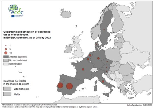 Co<em></em>nfirmed mo<em></em>nkeypox cases in EU countries as of May 25th. 