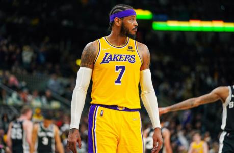Mar 7, 2022; San Antonio, Texas, USA; Los Angeles Lakers forward Carmelo Anthony (7) looks over in the second half against the San Anto<em></em>nio Spurs at the AT&T Center. Mandatory Credit: Daniel Dunn-USA TODAY Sports
