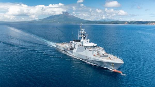 Royal Navy Batch 2 Offshore Patrol Vessel, HMS Spey is operating off Manila, Philippines, as part of a multi-natio<em></em>nal Task Force participating in Exercise SamSama 23. ..The view from the bridge of Mayon Volcano during coastal navigation in the vicinity of Batan Island, Philippines, using a traditio<em></em>nal method of sextant bearings...HMS Spey, and her sister ship HMS Tamar, are deployed on Operation Woodwall, an enduring operation in the Indo-Asia Pacific region, havin<em></em>g departed the U.K. in September 2021...