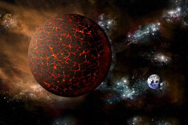A depiction of the mythical planet known as Nibiru, or Planet X, as it hurtles toward a cataclysmic rendezvous with Earth