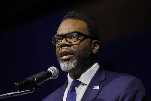 Mayor-elect Brandon Johnson speaks with supporters at his victory party on election night on April 4, 2023.