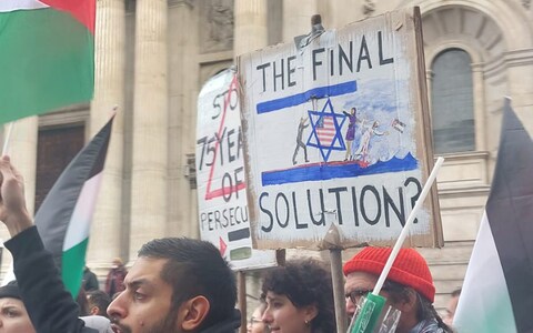 One hand-drawn placard showed a star of David, symbol of the state of Israel, being pushed into the sea, with around it the words ‘The Final Solution?’