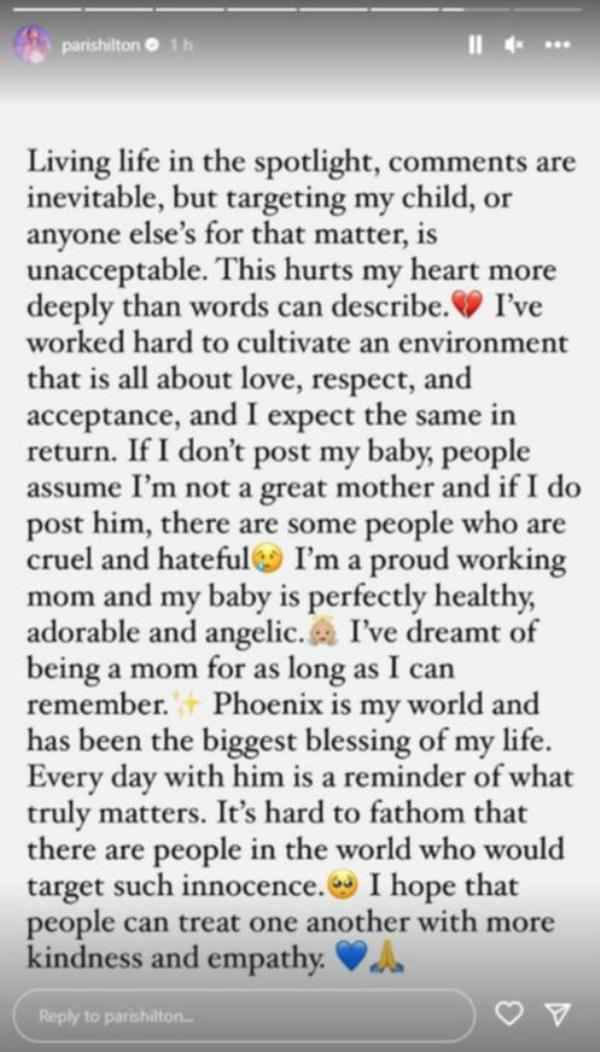 Paris Hilton respo<em></em>nds after people trolled her son online.