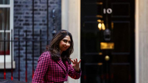FILE PHOTO: Britain's Home Secretary Suella Braverman walks outside Number 10 Downing Street, in London, Britain, October 24, 2023. REUTERS/Hannah McKay/File Photo
