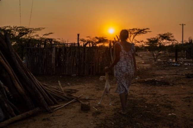 A woman carries a newborn goat as the sun sets
