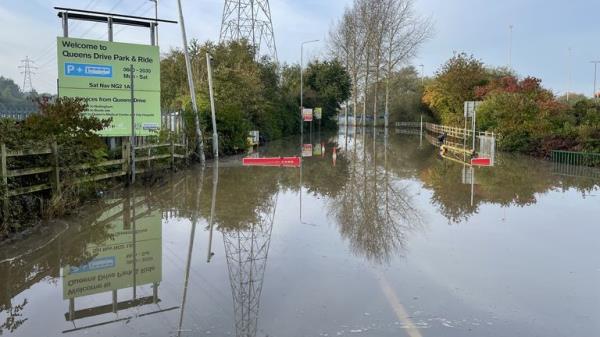 Queen's Drive Park & Ride in Nottingham, closed due to flooding, after Storm Babet battered the UK, causing widespread flooding and high winds. More 'risk-to-life' flood warnings have been issued in England in the wake of Storm Babet as homes have been evacuated and train services disrupted. Picture date: Mo<em></em>nday October 23, 2023.