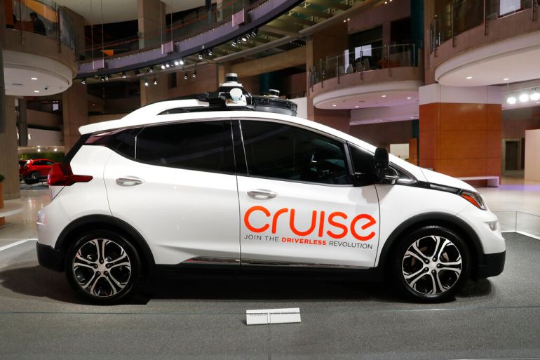 A GM Cruise vehicle on display