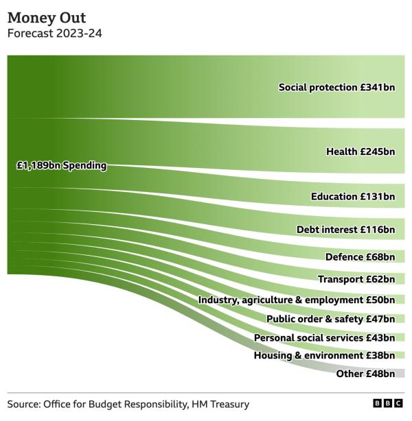 Chart showing how the government is expected to spend ￡1189bn this year. Social protection is the top category at ￡341bn followed by health at ￡245bn and education at ￡131bn.