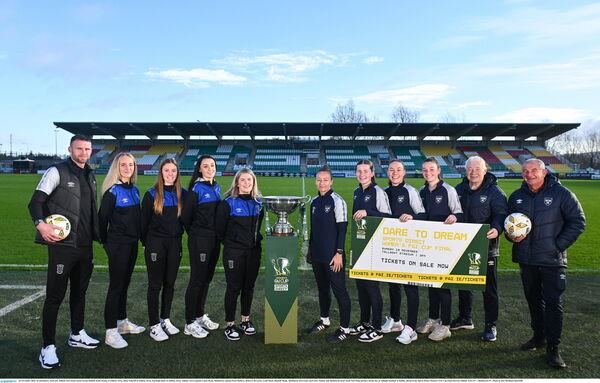 In attendance, from left, Athlone town head coach Ciarán Kilduff, Katie Keane of Athlone Town, Dana Scheriff of Athlone Town, Kayleigh Shine of Athlone Town, Athlone Town captain Laurie Ryan, Shelbourne captain Pearl Slattery, Rebecca Devereux, Leah Doyle, Hannah Healy, Shelbourne first team coach Joey Malone and Shelbourne head coach Noel King during a media day. Photo by Ben McShane/Sportsfile