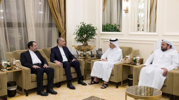 Qatar's Prime Minister and Foreign Minister Mohammed bin Abdulrahman Al Thani meets with Iranian Foreign Minister Hossein Amirabdollahian in Doha, Qatar, October 14, 2023. Qatar News Agency/Handout via REUTERS ATTENTION EDITORS - THIS PICTURE WAS PROVIDED BY A THIRD PARTY