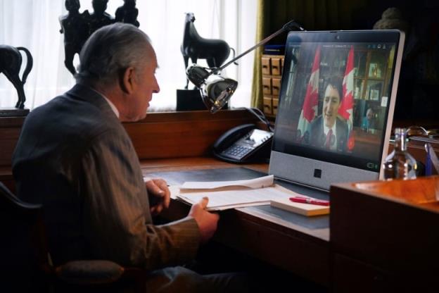 King Charles speaks to Prime Minister Justin Trudeau via videome<em></em>ta during a virtual audience, at Buckingham Palace, in London