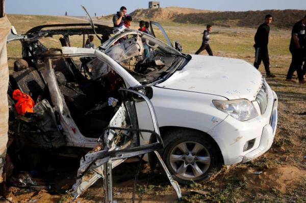Heavily damaged vehicle of the officials working at the US-ba<em></em>sed internatio<em></em>nal volunteer aid organization World Central Kitchen (WCK)