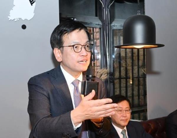 Finance Minister Choi Sang-mok speaks to reporters in Tbilisi on May 4, 2024, in this photo released by the Ministry of Eco<em></em>nomy and Finance. (PHOTO NOT FOR SALE) (Yonhap)