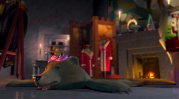 On the floor of his room, a rug resembles Mamma Bear with her signature bow. 