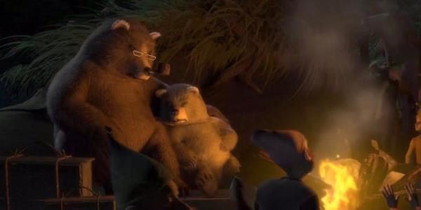 Daddy Bear and Baby Bear look sad as they cuddle each other outside Shrek’s house.