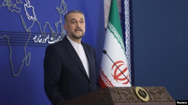 FILE - Iranian Foreign Minister Hossein Amirabdollahian speaks during a press co<em></em>nference in Tehran, Oct. 23, 2023. Amirabdollahian is currently on a visit to Oman. (Majid Asgaripour/WANA via Reuters)