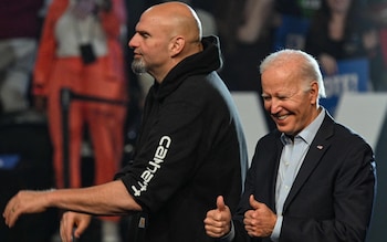 Joe Biden and John Fetterman participate in a rally ahead of the US midterm elections in 2022 in Philadelphia, Pennsylvania