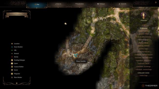 The Weary Traveler's location as shown on the world map in Baldur's Gate 3.