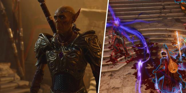 Baldur's Gate 3 - Split Image, Githyanki Inquisitor, Barbarian PC fighting Githyanki