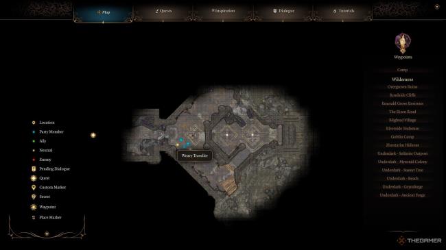 The Weary Traveler's location as shown on the world map in Baldur's Gate 3.