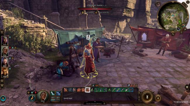 Tav crouched down and readying to attack an old wizard in Baldur's Gate 3.