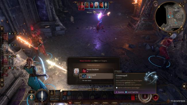 Elminster glowing while casting a spell with a Counterspell notification on the screen in Baldur's Gate 3.