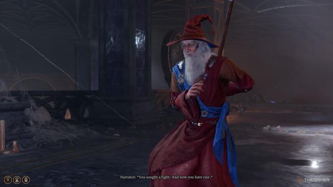 An old wizard in red robes pulling out his quarterstaff in Baldur's Gate 3.