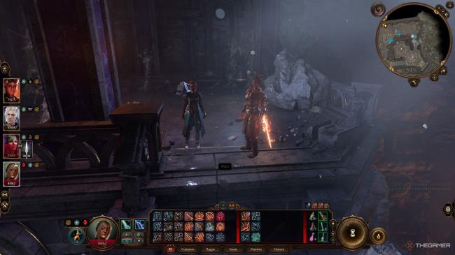 Tav and Karlach on a stone staircase looking at a puddle in Baldur's Gate 3.