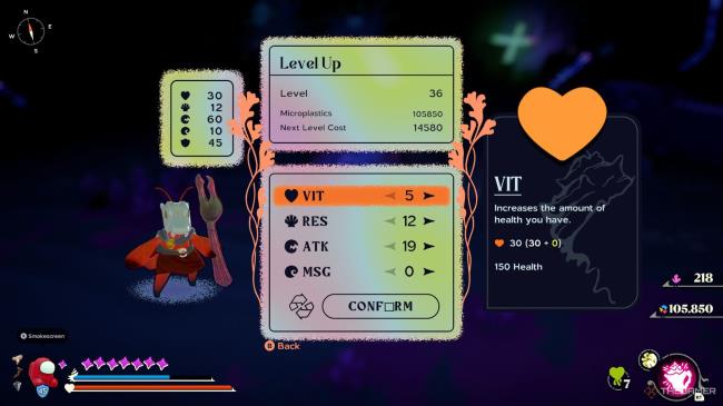 Another Crab's Treasure - Kril is 36 level and his stats are displayed on screen