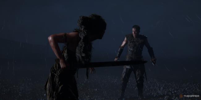 senua and thorgestr fight during a dark thunderstorm in hellblade 2