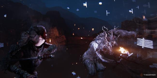 Senua attacks a firebreathing Draugr during a mirror combo in Senua's Saga: Hellblade 2