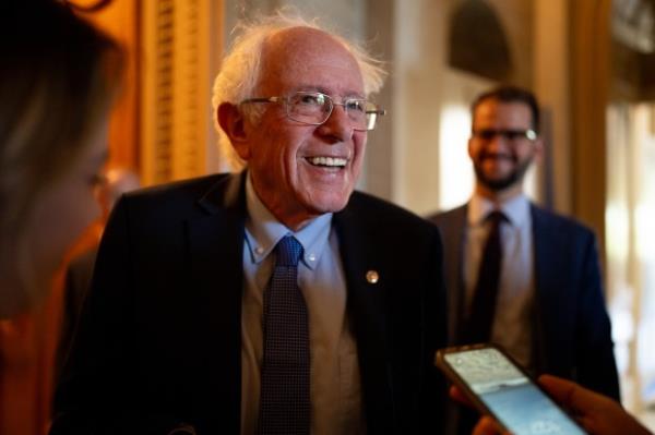 Sen. Bernie Sanders speaks to reporters outside the Senate Chamber on Capitol Hill on April 23, 2024 in Washington, DC. (Andrew Harnik/Getty Images)