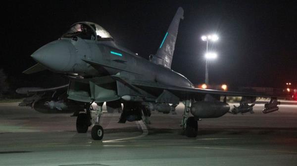 An RAF Typhoon FGR4 aircraft prepares to take-off to co<em></em>nduct further strikes against Houthi targets. Pic: MoD