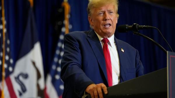 Former President Do<em></em>nald Trump speaks during a commit to caucus rally, Friday, Jan. 5, 2024, in Mason City, Iowa. (AP Photo/Charlie Neibergall)