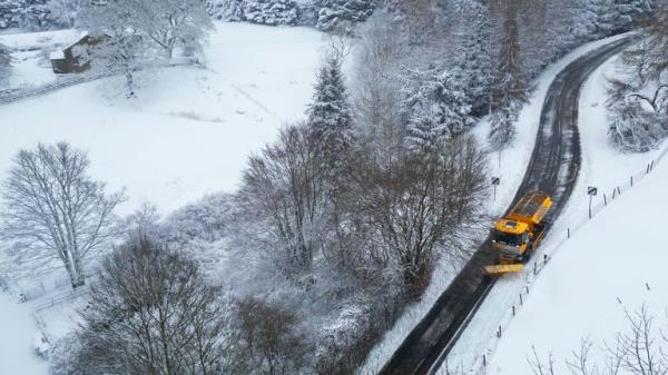 A snow plough clears the road in Allenheads, Northumberland. More snow, ice and rain is on the way for the UK after schools were shut and travel disrupted amid weather warnings. Picture date: Friday February 9, 2024.