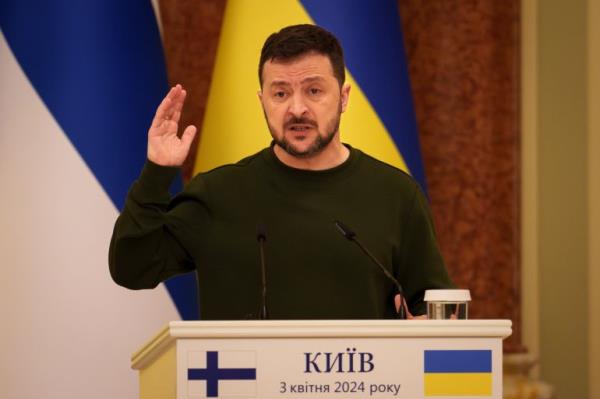 Ukraine's President Volodymyr Zelenskyy gestures during a press co<em></em>nference with Finland's President Alexander Stubb, in Kyiv, Ukraine