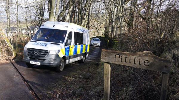 Police at the scene in the Pitilie area on the outskirts of Aberfeldy, Perthshire after 65-year-old Brian Low was found dead next to his dog, he had suffered a fatal gun shot wound. Picture date: Thursday February 29, 2024.