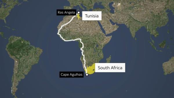 Russ Cook's route as he becomes the first person to run the length of Africa