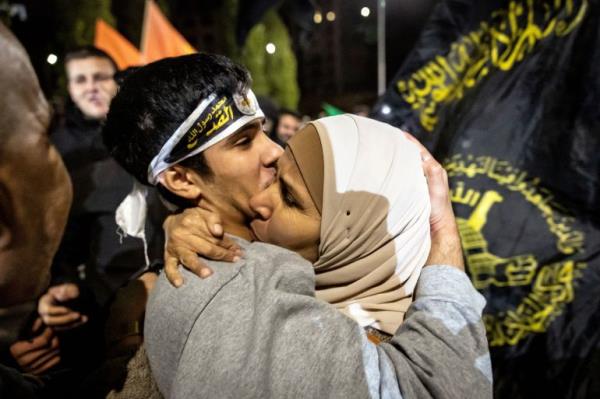 A Palestinian priso<em></em>ner reacts after being released from an Israeli jail in exchange for Israeli hostages released by Hamas from the Gaza Strip.