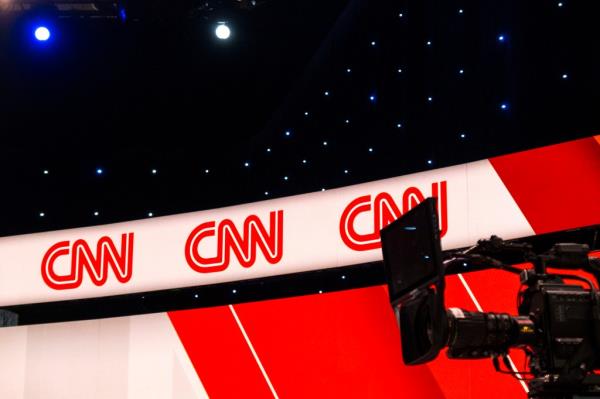 The site of the CNN Republican debate showing CNN logo and news equipment