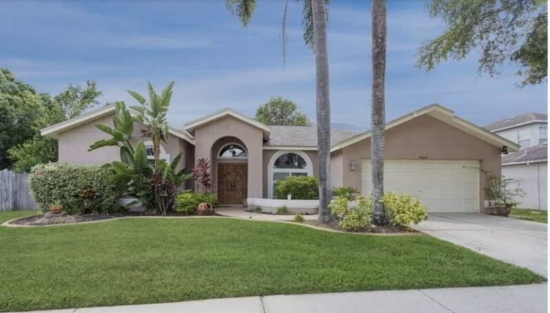 Tampa, FL home with palm trees and green yard in foreground