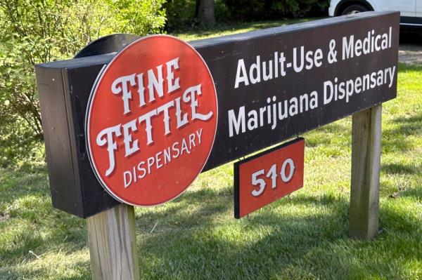 Sign advertising the Fine Fettle cannabis dispensary in West Tisbury, Massachusetts, indicating potential pot shortage