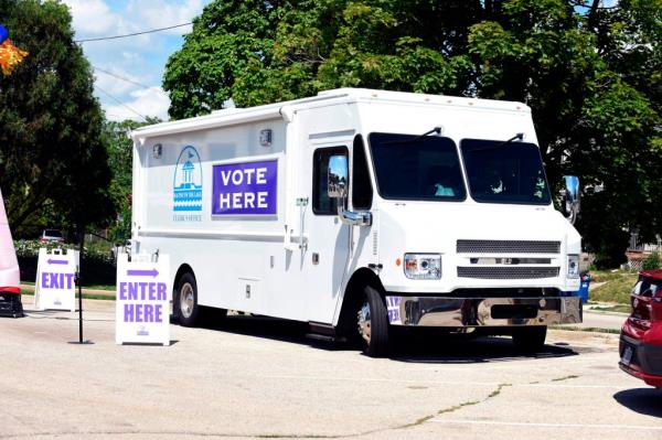 The City of Racine Clerk's Office mobile voting van is seen on July 26, 2022, at the Dr. Martin Luther King Community Center in Racine, Wisconsin