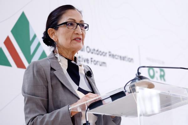 Secretary Deb Haaland speaks o<em></em>nstage during in the first-ever Natio<em></em>nal Outdoor Recreation Executive Forum hosted by Outdoor Recreation Roundtable at Decatur House on May 07, 2024 in Washington, DC.