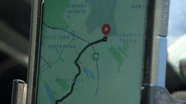 A phone displaying a map.