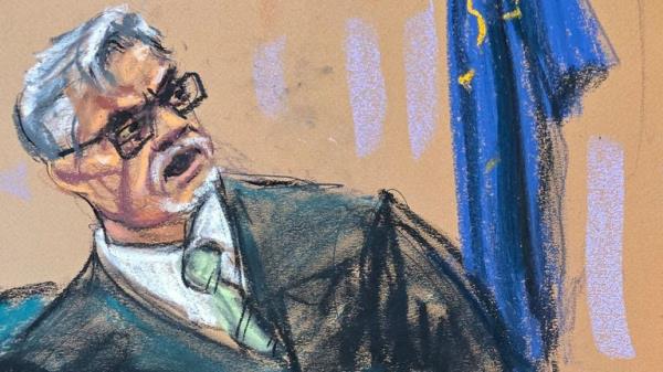 Justice Juan Merchan scolds witness Robert Costello as he momentarily clears the courtroom during former U.S. President Do<em></em>nald Trump's criminal trial on charges that he falsified business records to co<em></em>nceal mo<em></em>ney paid to silence porn star Stormy Daniels in 2016, in Manhattan state court in New York City, U.S. May 20, 2024 in this courtroom sketch. REUTERS/Jane Rosenberg