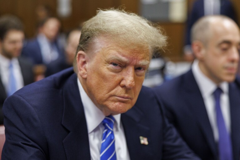 Former President Do<em></em>nald Trump sits in Manhattan criminal court, on May 13, 2024, in New York. (Sarah Yenesel/Pool Photo via AP)