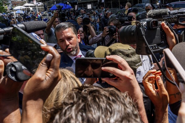 Do<em></em>nald Trump Jr. speaks outside Manhattan criminal court, on May 21, 2024, in New York. (AP Photo/Julia Nikhinson)