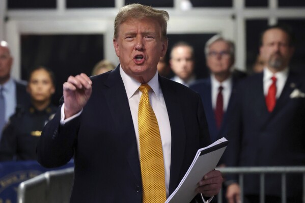 Former President Do<em></em>nald Trump speaks to reporters at Manhattan Criminal Court on May 21, 2024 in New York. (Michael M. Santiago/Pool Photo via AP)