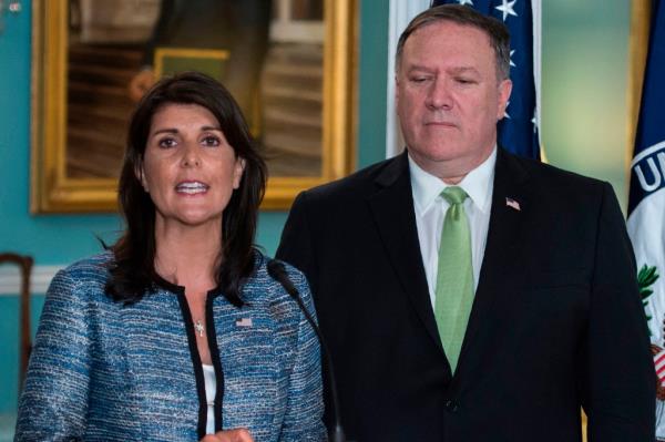 Mike Pompeo and Nikki Haley at the State Department on June 19, 2018. 